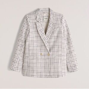 NEW Abercrombie & Fitch Tweed Plaid Blazer in White/Navy, Size S